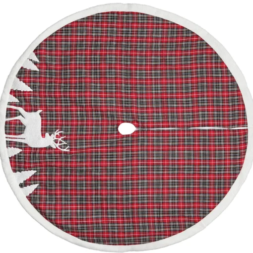 Best 48" Red and Black Plaid Reindeer Christmas Tree Skirt Cloth|Metal