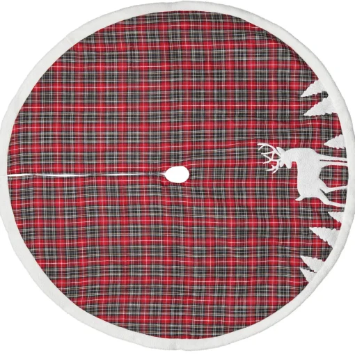 Best 48" Red and Black Plaid Reindeer Christmas Tree Skirt Cloth|Metal