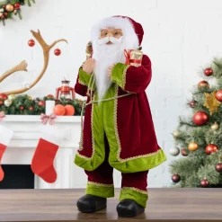 Discount 24" Red and Bright Green Standing Santa with Presents Christmas Figure Santa Claus
