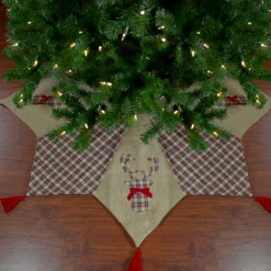 New 48" Red and Brown Burlap and Plaid Reindeer Christmas Tree Skirt with Tassels Cloth|Metal