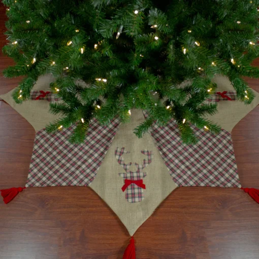New 48" Red and Brown Burlap and Plaid Reindeer Christmas Tree Skirt with Tassels Cloth|Metal