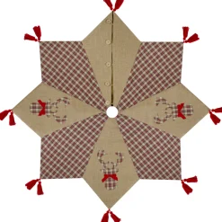 New 48" Red and Brown Burlap and Plaid Reindeer Christmas Tree Skirt with Tassels Cloth|Metal