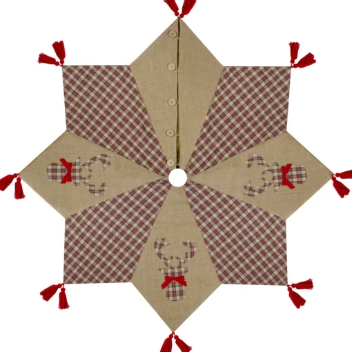 New 48" Red and Brown Burlap and Plaid Reindeer Christmas Tree Skirt with Tassels Cloth|Metal