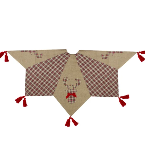 New 48" Red and Brown Burlap and Plaid Reindeer Christmas Tree Skirt with Tassels Cloth|Metal
