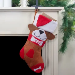 Sale 17" Red and Brown "DOG" Embroidered Christmas Stocking with Cuff Stockings