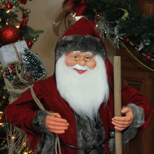 Outlet 48" Red and Brown Santa Claus with Walking Stick Standing Christmas Figure Santa Claus