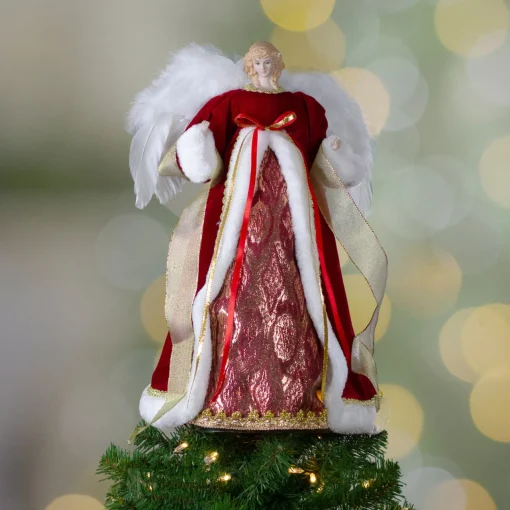 Clearance 18" Red and Gold Angel in a Dress Christmas Tree Topper - Unlit Angels