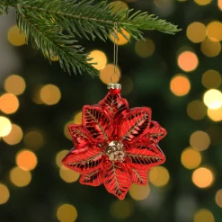 Discount 4.5" Red and Gold Glittery Poinsettia Glass Christmas Ornament Garden & Floral