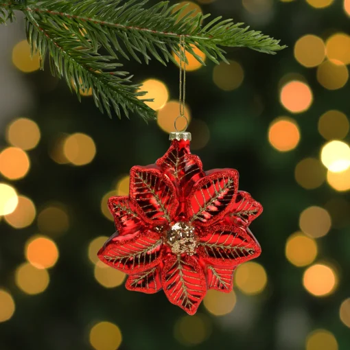 Discount 4.5" Red and Gold Glittery Poinsettia Glass Christmas Ornament Garden & Floral