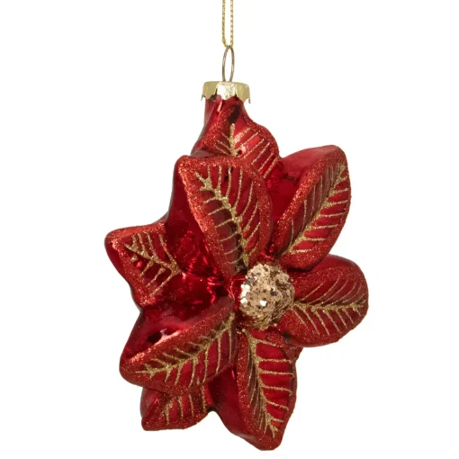 Discount 4.5" Red and Gold Glittery Poinsettia Glass Christmas Ornament Garden & Floral