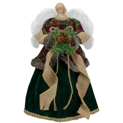 Sale 18" Red and Green Angel in a Dress Christmas Tree Topper Accented with Holly Berries - Unlit Angels