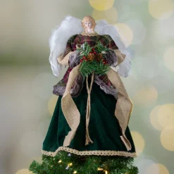 Sale 18" Red and Green Angel in a Dress Christmas Tree Topper Accented with Holly Berries - Unlit Angels
