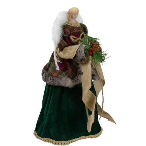 Sale 18" Red and Green Angel in a Dress Christmas Tree Topper Accented with Holly Berries - Unlit Angels