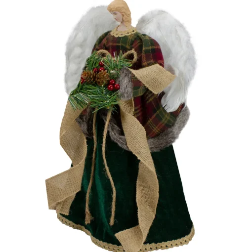 Sale 18" Red and Green Angel in a Dress Christmas Tree Topper Accented with Holly Berries - Unlit Angels