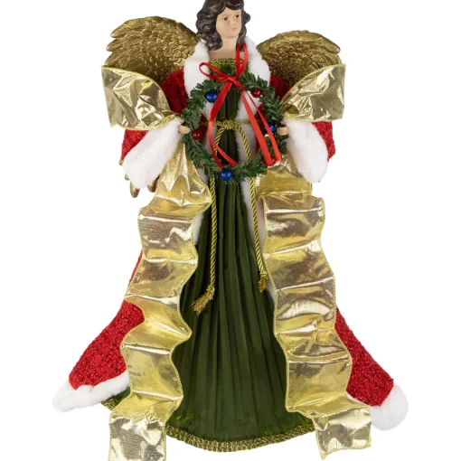 Online 18" Red and Green Angel with Wreath Christmas Tree Topper, Unlit Angels