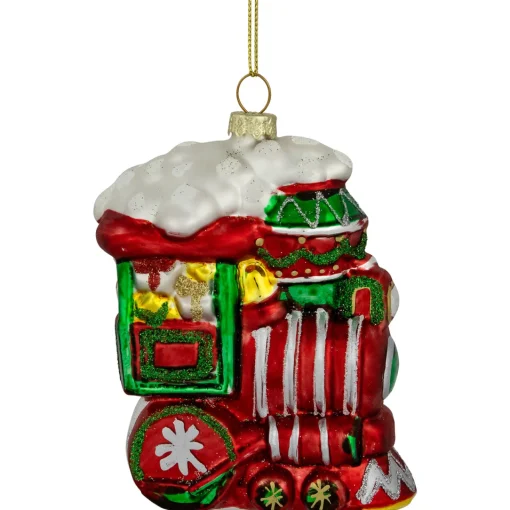 Best 4.5" Red and Green Glittered Train Christmas Glass Hanging Ornament Transportation