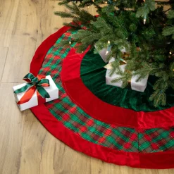 48" Red and Green Plaid Velveteen Christmas Tree Skirt Cloth|Metal