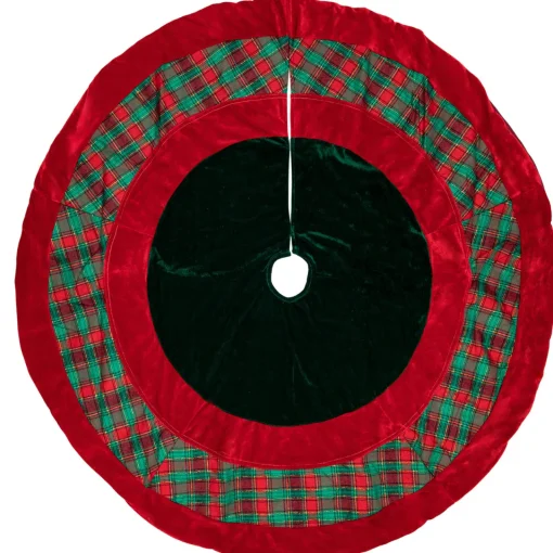 48" Red and Green Plaid Velveteen Christmas Tree Skirt Cloth|Metal