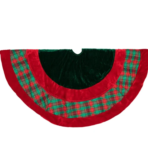 48" Red and Green Plaid Velveteen Christmas Tree Skirt Cloth|Metal
