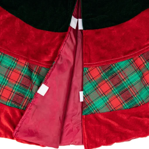 48" Red and Green Plaid Velveteen Christmas Tree Skirt Cloth|Metal