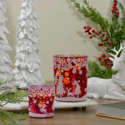 Sale 5" Red and Shiny Silver Deer in Winter Woods Flameless Candle Holder Flameless Candles