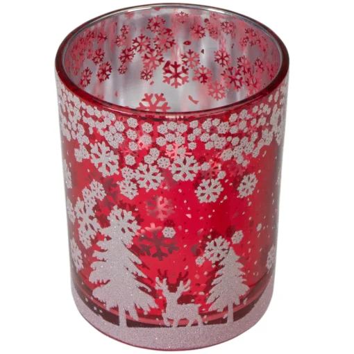 Sale 5" Red and Shiny Silver Deer in Winter Woods Flameless Candle Holder Flameless Candles