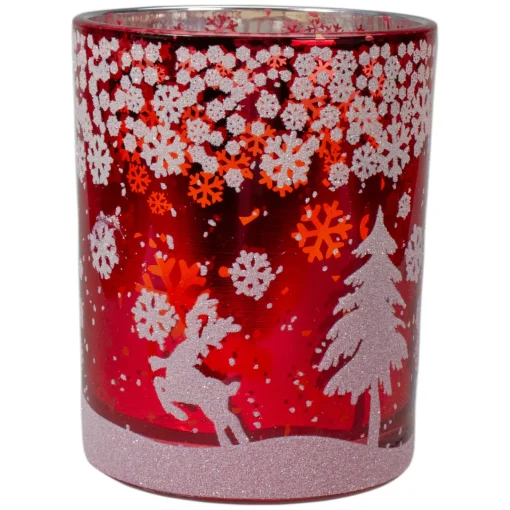 Sale 5" Red and Shiny Silver Deer in Winter Woods Flameless Candle Holder Flameless Candles