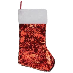 19" Red and Silver Sequin Christmas Stocking With White Faux Fur Cuff Stockings