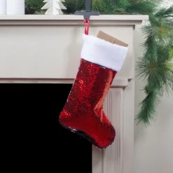 19" Red and Silver Sequin Christmas Stocking With White Faux Fur Cuff Stockings