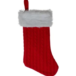 19" Red and White Cable Knit Christmas Stocking with Fur Cuff Stockings