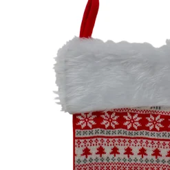 19" Red and White Deer and Snowflake Knit Christmas Stocking with Faux Fur Cuff Stockings