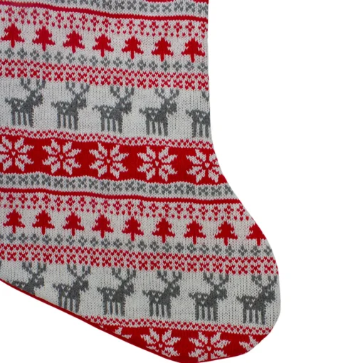 19" Red and White Deer and Snowflake Knit Christmas Stocking with Faux Fur Cuff Stockings