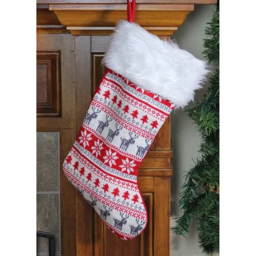 19" Red and White Deer and Snowflake Knit Christmas Stocking with Faux Fur Cuff Stockings