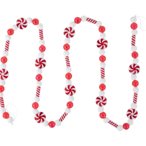 Hot 6' Red and White Frosted Peppermint Candy Christmas Garland, Unlit Unlit