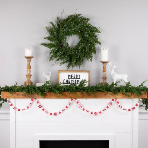 Hot 6' Red and White Frosted Peppermint Candy Christmas Garland, Unlit Unlit