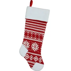 Clearance 21.5" Red and White Knitted Snowflake Christmas Stocking with Fleece Cuff Stockings
