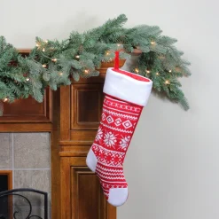 Clearance 21.5" Red and White Knitted Snowflake Christmas Stocking with Fleece Cuff Stockings