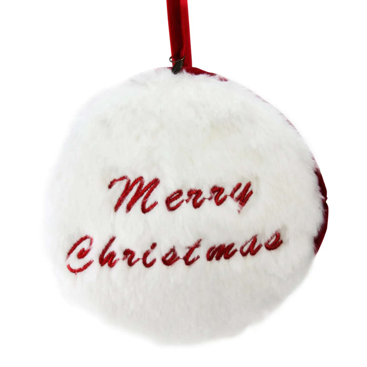 Discount 7.5" Red and White "Merry Christmas" Faux Fur Decorative Christmas Disc Ornament Novelty