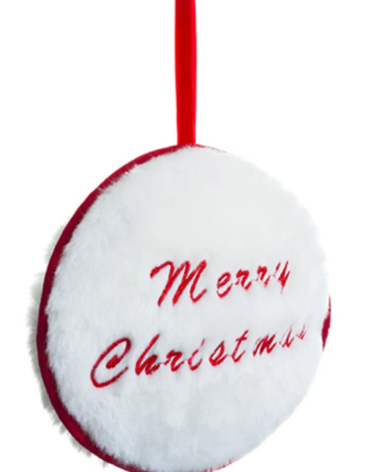 Discount 7.5" Red and White "Merry Christmas" Faux Fur Decorative Christmas Disc Ornament Novelty