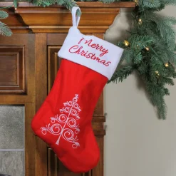 Clearance 15.75" Red and White Merry Christmas Tree Stocking with Cuff Stockings