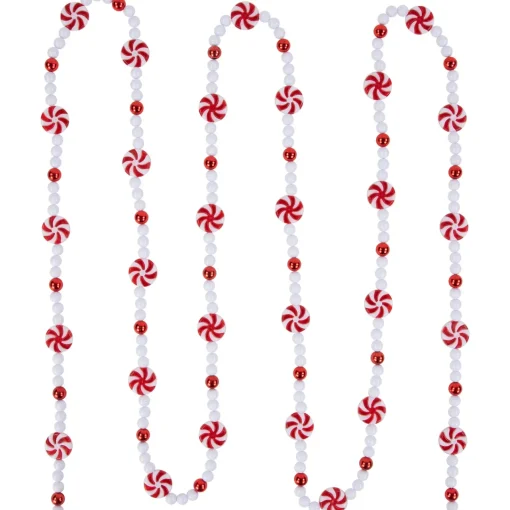 Sale 9' Red and White Peppermint Candy Beaded Christmas Garland, Unlit Beaded