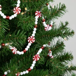 Sale 9' Red and White Peppermint Candy Beaded Christmas Garland, Unlit Beaded