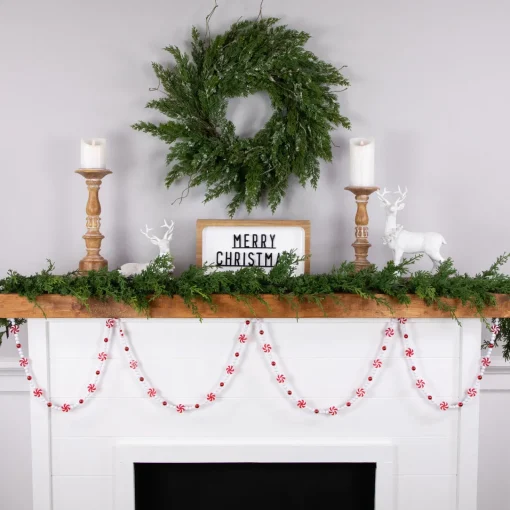 Sale 9' Red and White Peppermint Candy Beaded Christmas Garland, Unlit Beaded