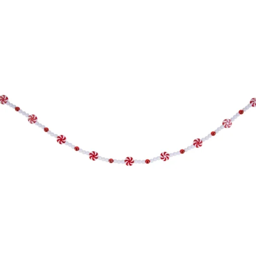 Sale 9' Red and White Peppermint Candy Beaded Christmas Garland, Unlit Beaded