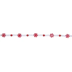 Sale 9' Red and White Peppermint Candy Beaded Christmas Garland, Unlit Beaded