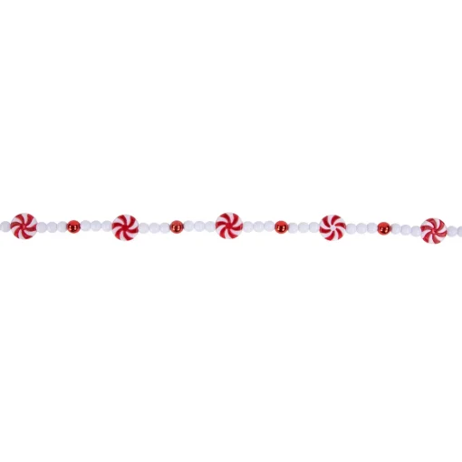 Sale 9' Red and White Peppermint Candy Beaded Christmas Garland, Unlit Beaded