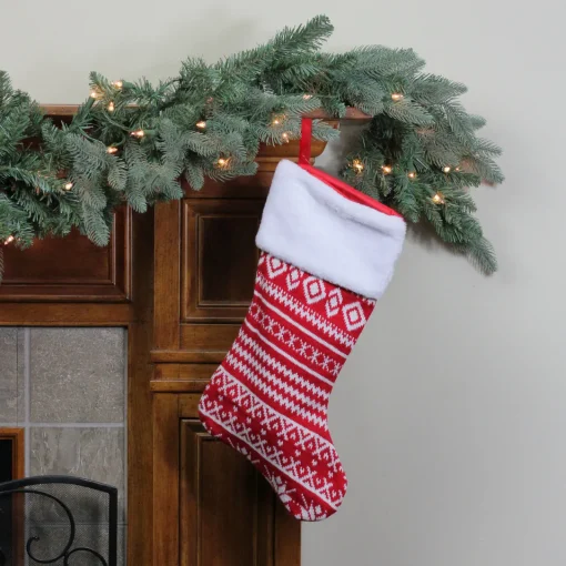 22" Red and White Rustic Lodge Knit Christmas Stocking with Cuff Stockings