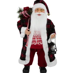 Online 24" Red and White Santa Claus with Lantern and Gift Bag Christmas Figure Santa Claus