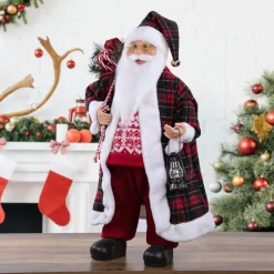 Online 24" Red and White Santa Claus with Lantern and Gift Bag Christmas Figure Santa Claus