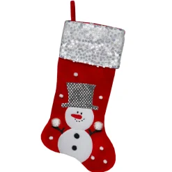 Clearance 20.5" Red and White Snowman Embroidered Christmas Stocking with Sequined Cuff Stockings